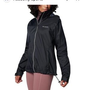 Columbia Black Packable Windbreaker Cinch Waist Large Hidden Hood